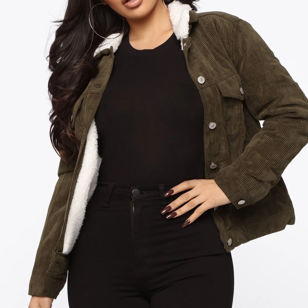 Olive Corduroy Jacket with Faux Shearling Lining